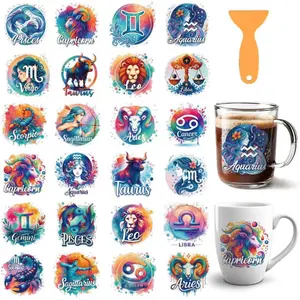 12 Sheets Zodiac UV DTF Stickers for 16 OZ Glass Cups, 12 Constellation UV DTF Cup Wraps Waterproof PVC Transfer Stickers for DIY Laptop Phone Case Decor