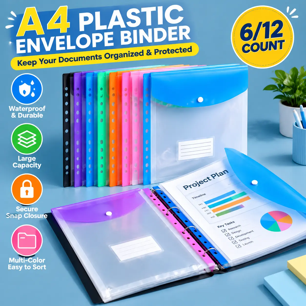 Plastic Binder Pockets, A4 PP Document Envelopes with Snap Closure and Label Holders, Clear File Folders for Color-Coded Paper Storage, School Supplies, Home Office Organization, Homework, Receipts and Classroom Handouts accordion organizer