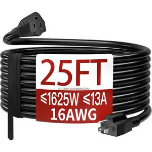 16/3 25 FT Outdoor Extension Cord Waterproof, Weatherproof & Flame Retardant Black 3 Prong Power Cord Outside for Lawn & Garden, 13 Amps 1625 Watts 125 VAC 16AWG SJTW, ETL Listed