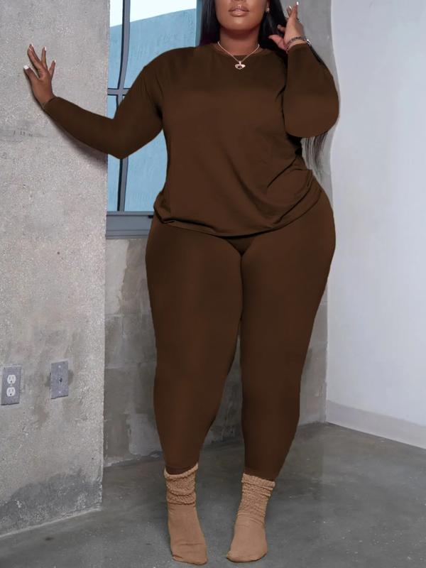 Women's Plus Size 2-Piece Set, Long-Sleeve Round-Neck Top & Pants, Casual Athleisure Wear Set Home Sportswear for Daily Wear