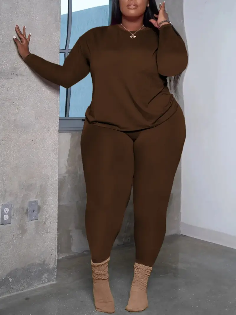 Women's Plus Size 2-Piece Set, Long-Sleeve Round-Neck Top & Pants, Casual Athleisure Wear Set Home Sportswear for Daily Wear