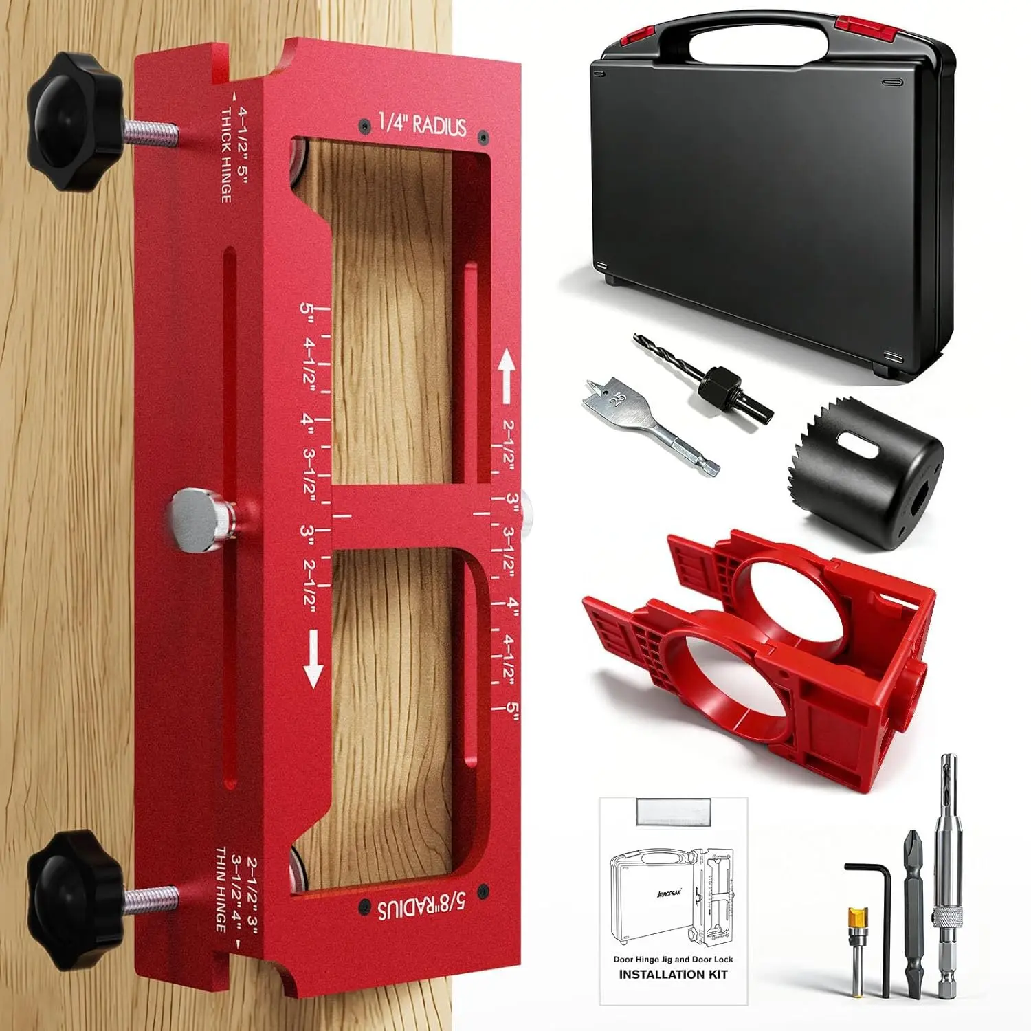 Door Hinge Jig and Door Lock Installation Kit,  Alloy Hinge Router Template for Hinge Mortising from 2.5" to 5" & Types of Square,1/4",5/8" Radius,Door Hole Drilling Kit for Knob and Deadbolt