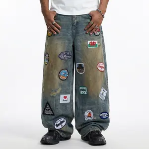 Inflation Vintage Patchwork Baggy Jeans with Patches Y2K Streetwear Washed Distressed Wide Leg Denim Pants