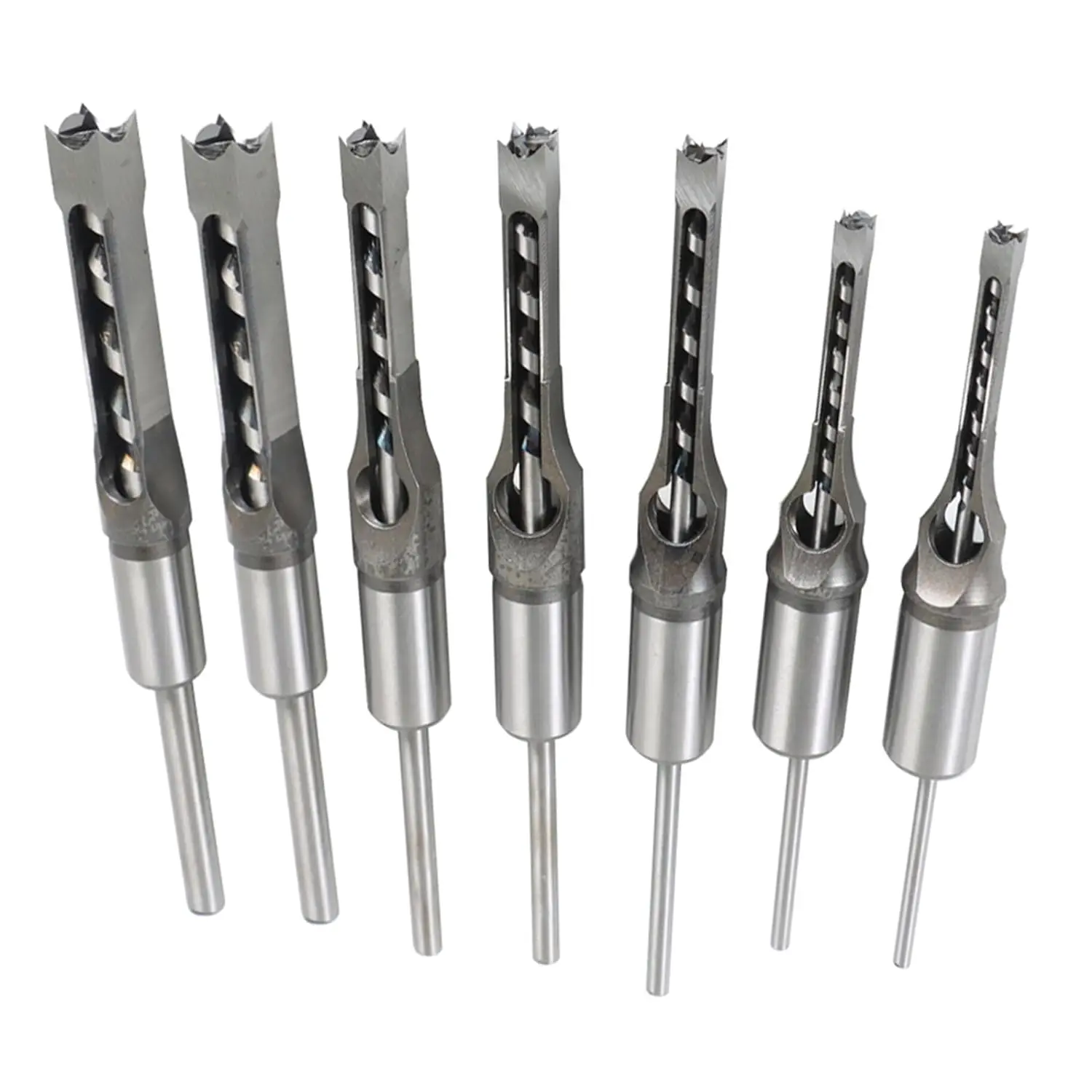 7Pcs Multi-Size High Speed Steel Square Drill Bits Set - Round Handle Woodworking Hole Saw & Tenon Chisel, Smooth, Hard and Durable, Sizes 9/16in,1/2in,2/5in,3/8in,5/16in,1/4in,6/25in, for Groove Cutting, Particle Board, Medium Fiber Board