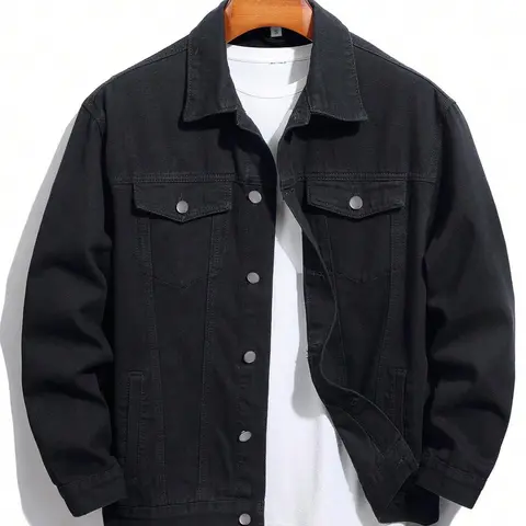 Men's Solid Color Denim Jacket, Loose Casual Fashion Comfy Long Sleeve Button Front Outerwear for Daily Wear, Men's Clothing for All Seasons