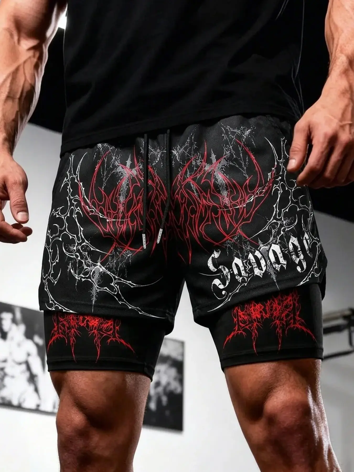 Men's Trendy Gothic Style 2-in-1 Shorts, Double-Layer Mesh Lined Breathable Gym Shorts, Comfortable & Versatile Bottoms for Light Outdoor Activities, Workouts & Daily Casual Wear