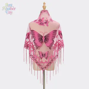 Pink Butterfly Lace Triangle Scarf, Sheer Mesh Shawl with Fringe Tassels, Floral and Butterfly Print, Elegant and Feminine, Wear as a Headscarf, Neck Scarf, or Shoulder Wrap, Ideal for Beach, Outings, and Special Occasions