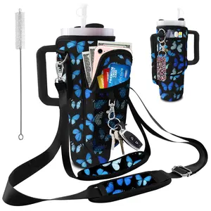 Stanley Cup Bag with Strap,Water Bottle Holde 40oz Tumbler Carrier with Strap,Bottle Holder Stanley Cup Accessories for Hiking Travelling Camping,3 Pockets to Hold More,Butterfly
