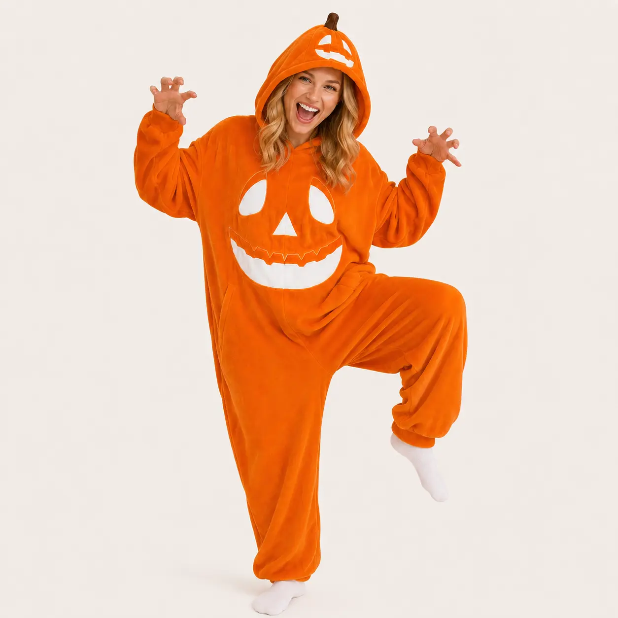 White and Brown Pumpkin Kigurumi Onesie, Soft Fabric, Relaxed Fit Sleepwear & Loungewear, Polyester, Hoodie, Casual