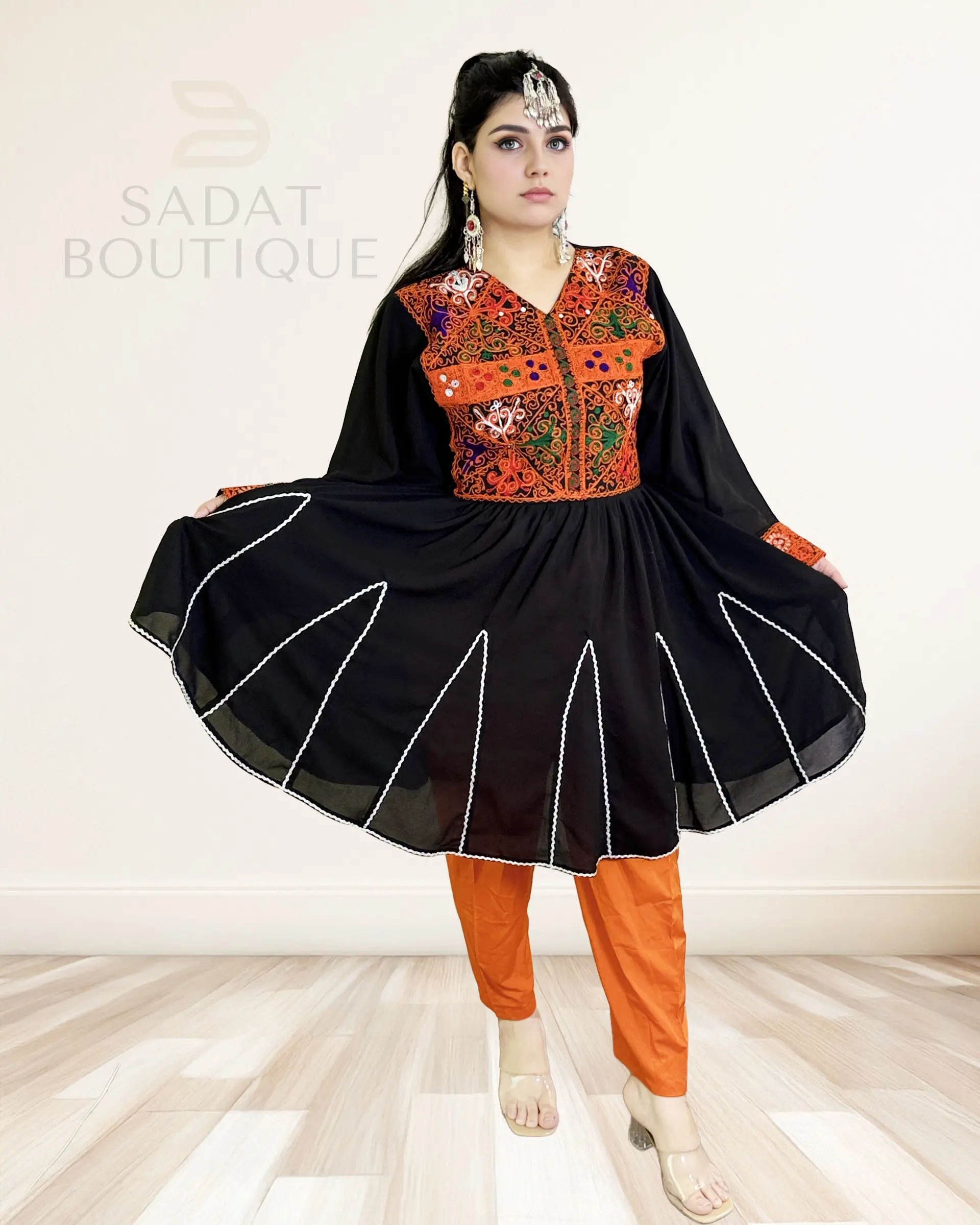 Women's Casual 2-Piece Ethnic Casual Dress Set, Black Long Sleeve Afghan Dress with Orange Embroidery & Pants