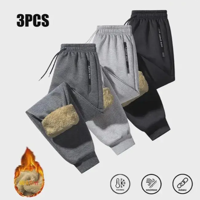 3‑Pack Unisex Fleece Joggers, Fashion Sports Sweatpants. For Autumn, stylish design with zippered pockets and side letter print; wind‑proof, warm, thickened cold‑resistant long trousers, unisex for winter casual & outdoor activities