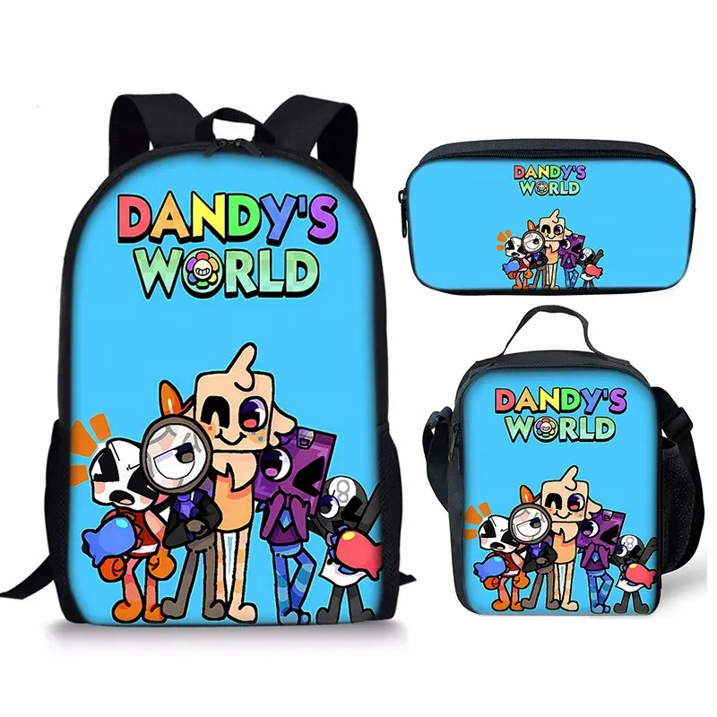 Men's 3-Piece Cartoon Backpack Set - Dandys World Game Character Print, Water-Resistant Oxford Material, Large Capacity, Breathable Mesh Padded Straps, Side Mesh Pocket (Includes Backpack, Lunch Bag, Pencil Case)