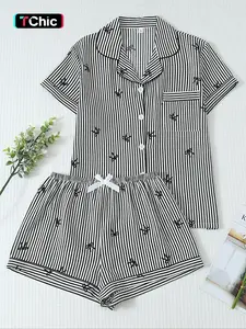 Women's Bow Print Woven Shirt & Shorts Pyjama, Casual Comfy Fitted Short Sleeve Pajama Set, Ladies Sleepwear for Summer, Loungewear
