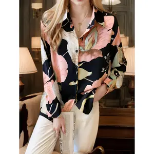 1pc Chic Floral Print Long Sleeve Blouse for Women - 100% Polyester, All-Season Regular Fit Shirt with Single Breasted Placket, Woven Polyester Shirting Top