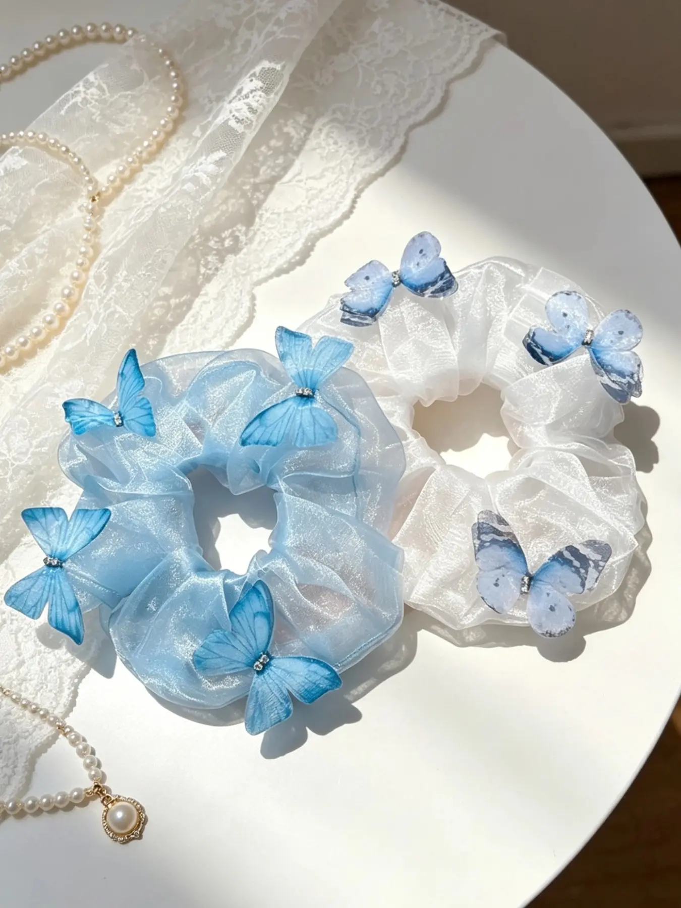 2 pcs Fresh Style Scrunchies Women'S Bun Hair Tie Hair Rope Headwear, Summer Blue Ethereal Organza Butterfly Sparkling Diamonds Large Ponytail Scrunchies for Women,Gifts for girls