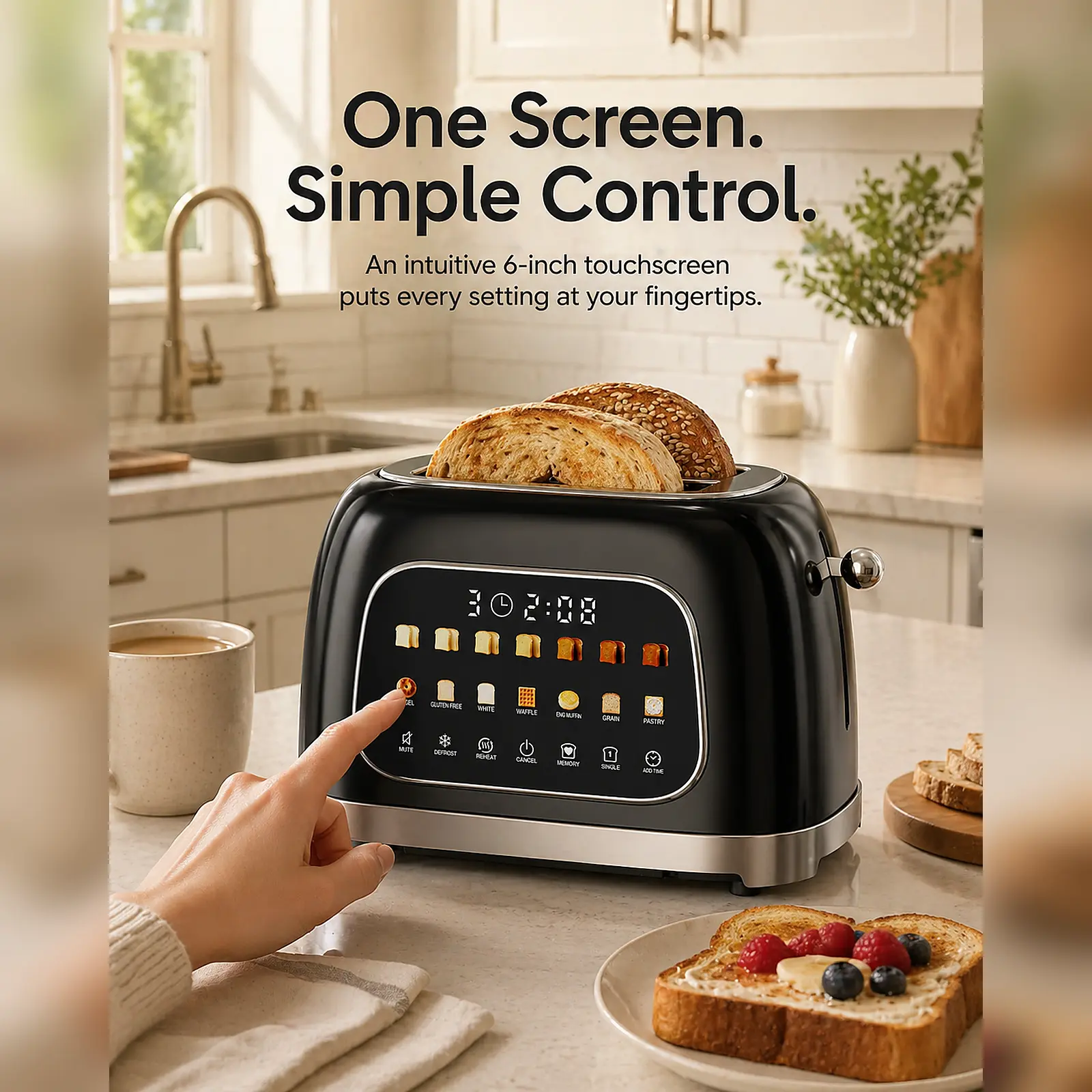 Smart 2-Slice Toaster with Touchscreen & Countdown Timer, 7 Bread Modes & 7 Browning Levels, Extra-Wide Slots for Bagels, Mute Mode, Modern Design