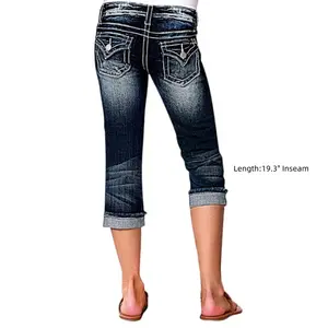 Flamingals Women's Pocket Detail Roll Hem Mid Waist Capri Jeans Fit Summer Blue Denim Style Comfortable Coverage Breathable Cotton Blend Machine Washable