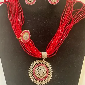 Red Hydro Crystal Pote Set with Ruby Color AD Pendant Ear Stud and Ring - Elegant Necklace Set