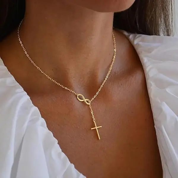 TEWIKY Cross Y Chain Pendant Necklaces for Women-Non Tarnish Dainty Charm Necklace-Waterproof Religious Jewelry Gift For Easter