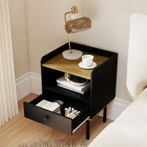 COSTWAY - Nightstand with Drawer 3-Tier Sofa Side Table with Open Storage Shelf-Black