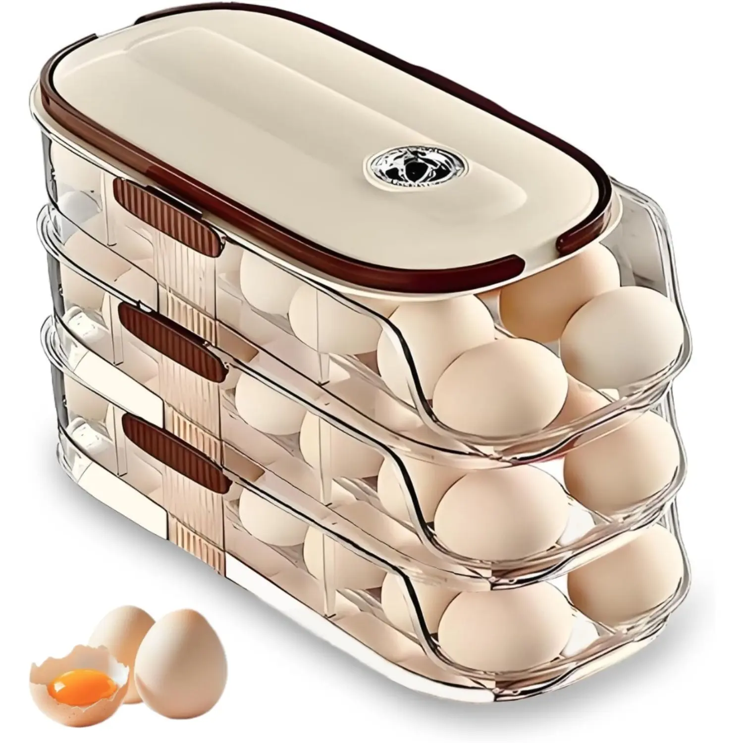 ZHOHO TANT 3-Tier Automatic Rolling Egg Dispenser - Food-Safe Plastic Household Kitchen Appliances Fridge Storage Organizer with Lid, Handle, Timed Freshness Tracker, Stackable Tiers, Holds 42 Eggs