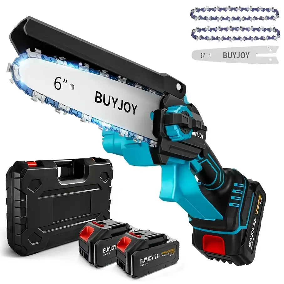 BUY JOY 21V Brushless Cordless 6-In Mini Chainsaw, 1-Hand Portable Electric Saw with Overheat/Overcharge Battery Protection, Tool-Free Tension Adjustment, Safety Lock for Garden Pruning, Yard Tree Trimming