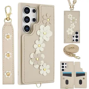 3D Flower Leather Wallet Case For Galaxy S25 Edge S24 S23 Plus S22 Ultra A16 A36 A56 A15 A35 A55 A14 A54 A53 Wrist Lanyard Strap