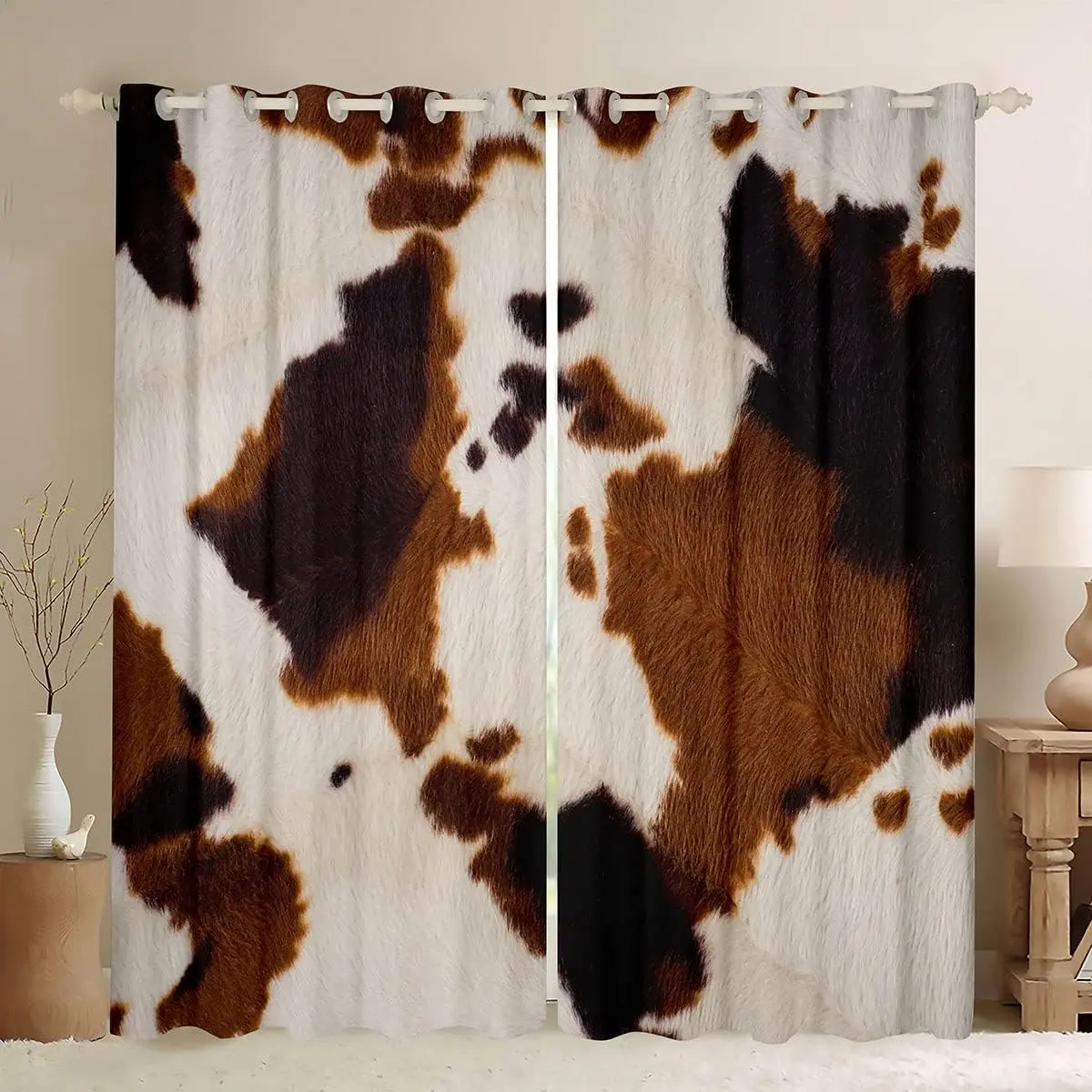 Feelyou Multi-Size Grommet Curtains - Western Brown-White Bold Cowhide Printed Texture Velvet Fabric, Rustic Farmhouse Curtains for Bedroom, Rod-Compatible Household Textile Furnishings