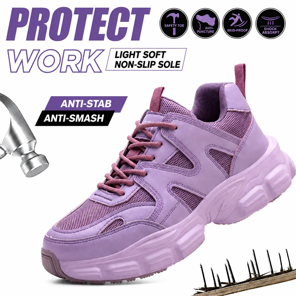 Women's Closed Work Safety Shoes - Steel Toe, Puncture-Resistant, Lightweight Breathable Walking Footwear for Nurses & Warehouse Workers Standing All Day, Industrial Safety & Metal Toe Work Footwear