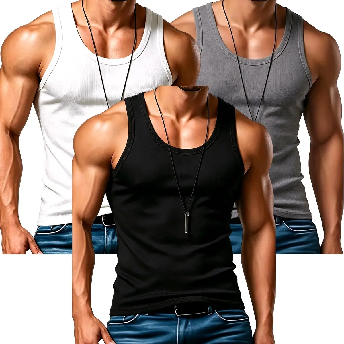 Men's 3-Pack Slim Fit Cotton-Spandex Knit Tank Tops, Stretchy Athletic Tank Top, Breathable Sports Vest, Fitness Activewear for Gym & Daily Casual Wear