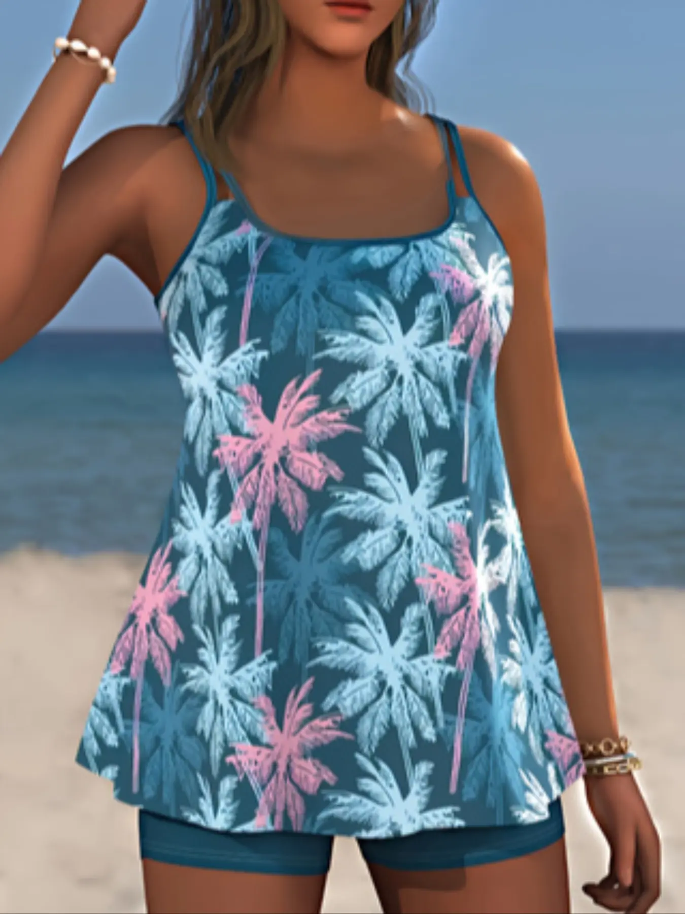 Women's Plus Size Fashion Casual Tropical Print Tankini Coconut Tree Print Top and Briefs Set Swimsuit, Sleeveless Fitted Long Length, All Seasons Tankini Swimwear, Tankini Bathing Suits, Tankini Swimsuits