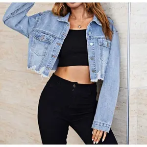 Women'sDenimJacket2025AutumnFashionRippedPocketDesignCasualTurn-DownCollarLongSleevesDailyCropDenimJacketCoat