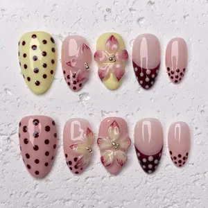 [Floret] Short Almond Handmade Press on Nails, Fake Nails with Nail tool kit with Jelly Stickers, Reusable, Durable