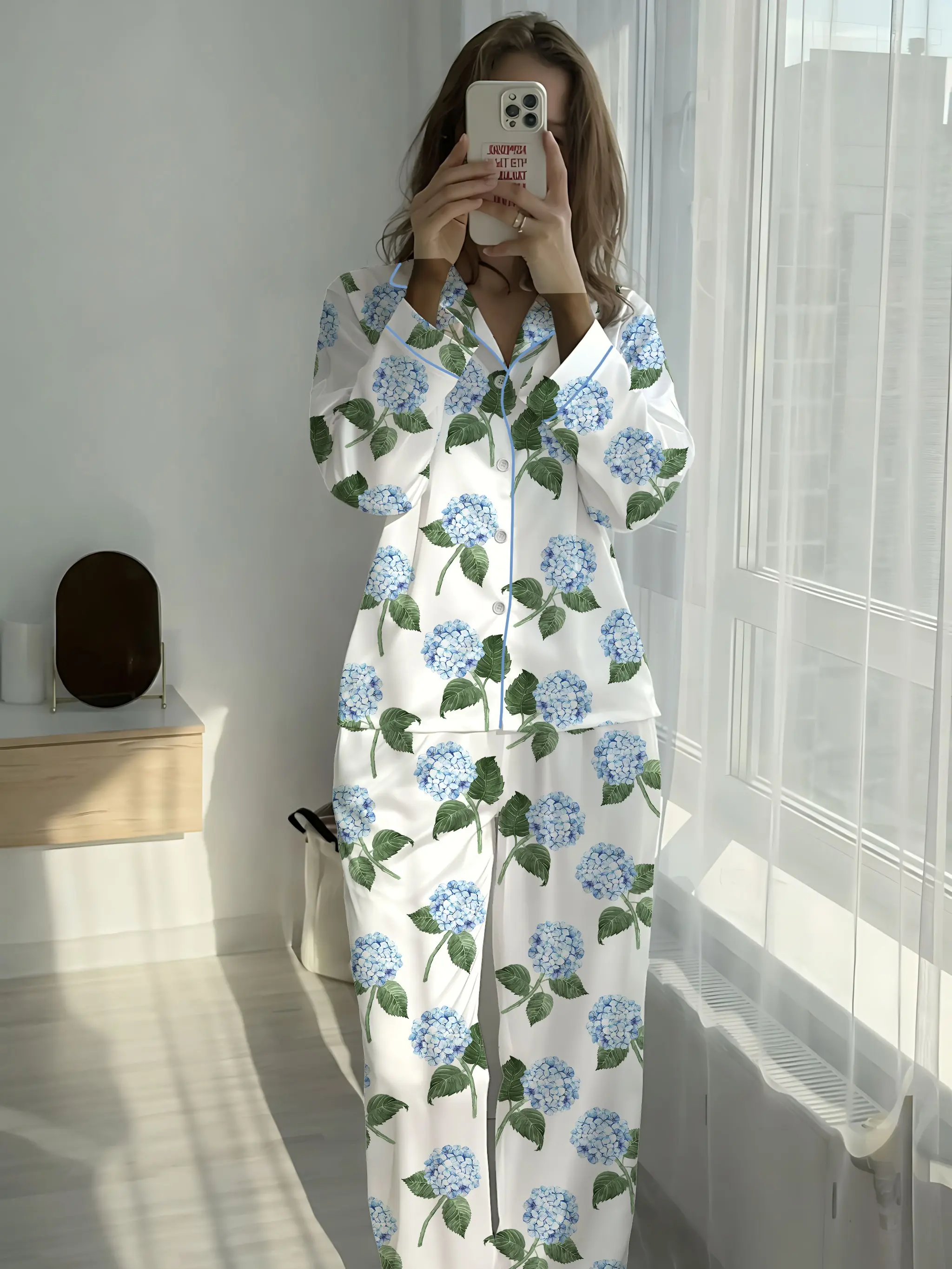 Women’s Hydrangea Bloom Blue Hydrangea Watercolor Flower Short Sleeve Satin Pajama Set, Long Sleeve Satin Pajama Set