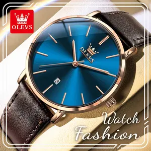 OLEVS 5869 Men's Fashion Slim Business Wristwatch, Sunburst Blue Dial, Brown Strap with Date Display, 3ATM Waterproof Luxury Quartz Watch for Birthday & Holiday Gifts