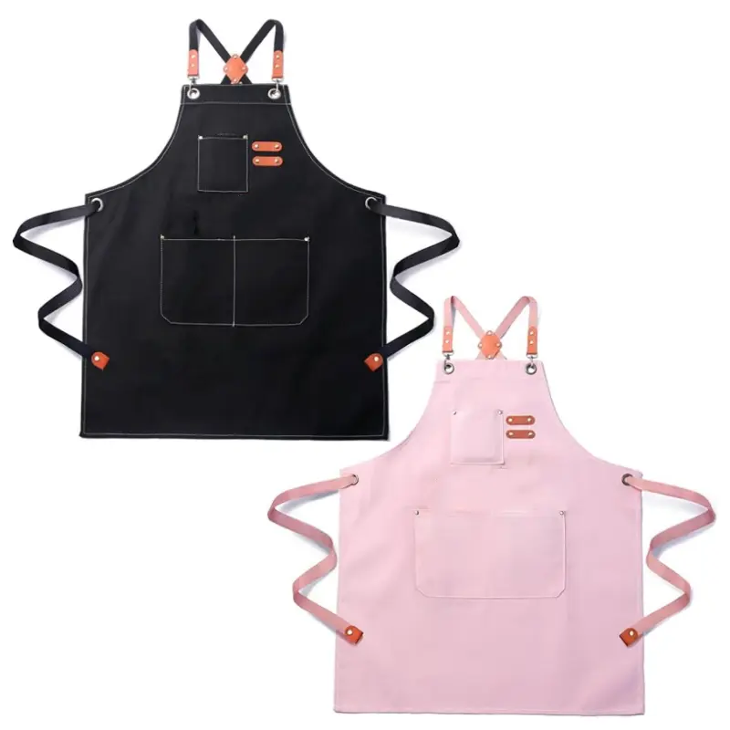 2pcs Cross Back Cotton Apron for Men Women, Adjustable Heavy Duty Canvas Kitchen Apron with Multiple Pockets, Water Resistant Chef Apron for Cooking, Baking, BBQ, Salon, Workshop