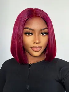 13x4 Burgundy Bob Lace Front Wig Human Hair，Frontal Wigs Short Straight Dark Red Transparent Lace Closure Wig Human Hair Pre Plucked With Baby Hair For Women Daily Or Holiday Use