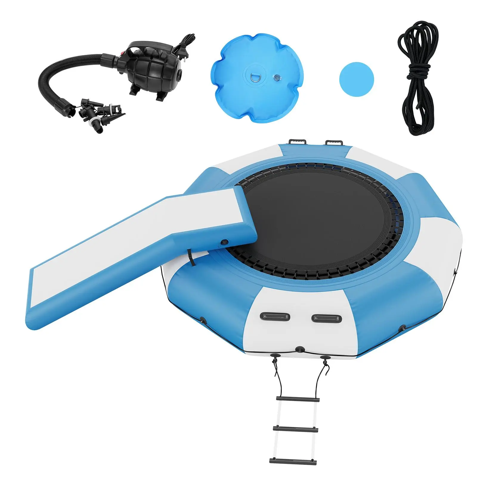 VEVOR Fire-Safe PVC Inflatable Water Bouncer, 10ft Sports Bounce House Park, Portable Bounce Swim Platform with Slide, 3-Step Ladder, Electric Air Pump & Anchor Ropes, for 1-3 Children’s Water Activities
