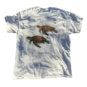 Go With The Flow Sea Turtle Tee - Beachy Aesthetic & Positive Vibes T-Shirt, Y2k Shirt, Y2k Fashion, Vintage T-Shirt, Gift For Men & Women, Unisex Cotton Crewneck T-Shirt Menswear Womenswear Streetwear Top Casual Matching Clothing Casual Loose Fit