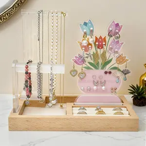 Velvet Modern Rectangle Tulip Flower Acrylic Jewelry Organizer Stand Set with Wood Base, Multi-Functional Storage for Earrings, Necklaces, Bracelets, and Ring Tray