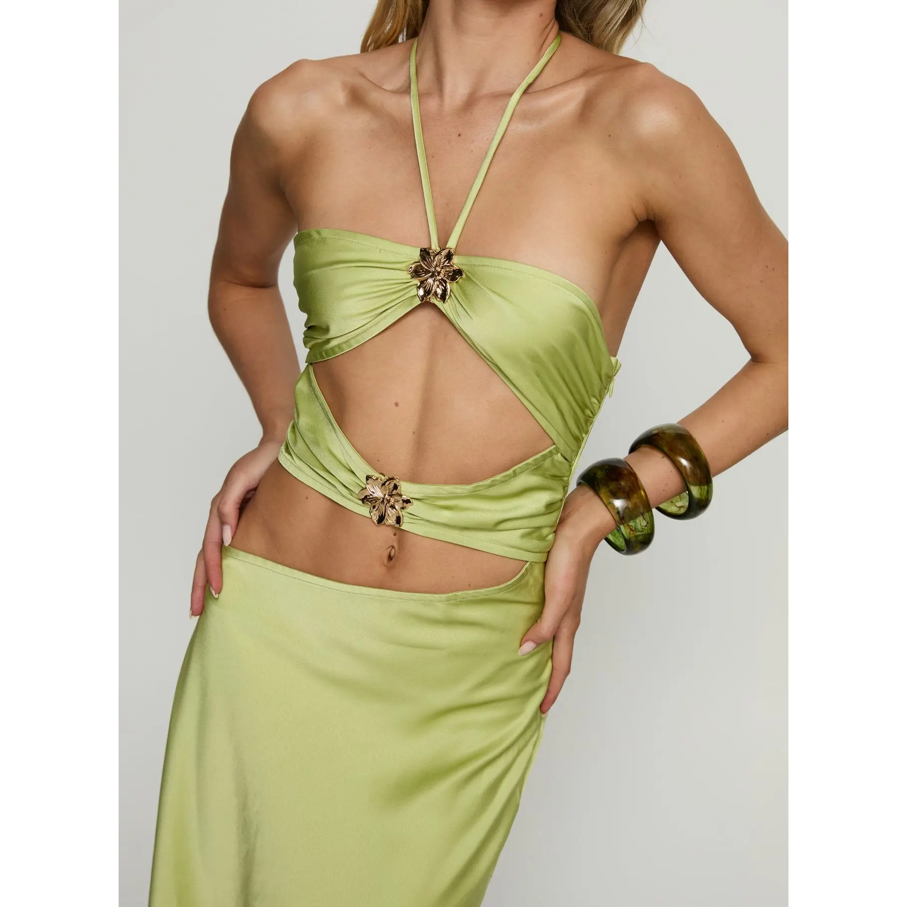 green silk cut out dress Aura | LIME Green Halter-Neck Cut-Out Split Maxi Dress main image 0