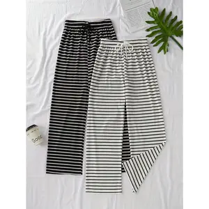 Black and White Striped Casual Waist Elastic Pants Suitable for Summer and Autumn