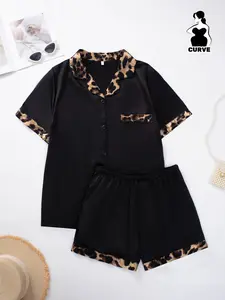 Women's Plus Size Sleepwear Set, Pajama Set, Collared Short Sleeve Top and Shorts, Patchwork, Polyester Silk Fabric, Smooth Soft Comfortable, Perfect for Homewear