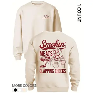 Men’s crewneck sweatshirt with letter and pig print, regular fit, casual, soft and comfortable long sleeves, pullover suitable for spring and autumn, fashionable men’s top for everyday wear