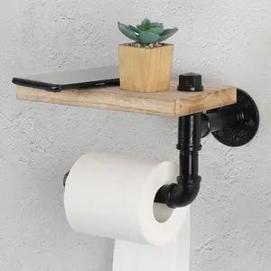 Toilet Paper Holder with Wood Shelf, Wooden Wall Mount Tissue Paper Roll Holder, Bathroom Accessories Decor Household Home Apartment Restroom Essentials