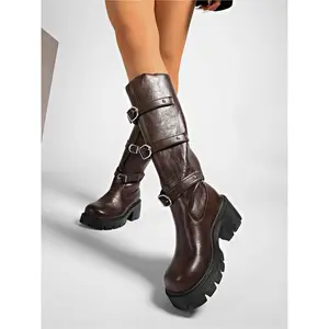 Women's autumn and winter fashion large size mid-calf boots with thick soles and high water platforms, waterproof leather surface with metal buckle decoration, leather boots with soft soles, anti-slip and wear-resistant, high-quality commuting boots.