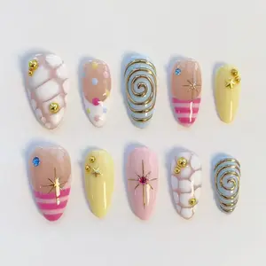 3D Gold Swirl Nails/press on nails long almond nails/Cute Kawaii Nails/White croc nails/Pink striped nails/Sparkling Star Nails/Custom nails