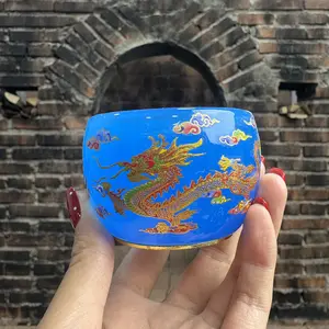 Teaware Studios Luminous Blue Dragon Phoenix Jianzhan Teacup Ceramic Matcha Set 6CM x 4.3CM Glossy Finish Gold Rimmed Base Special Link for Live