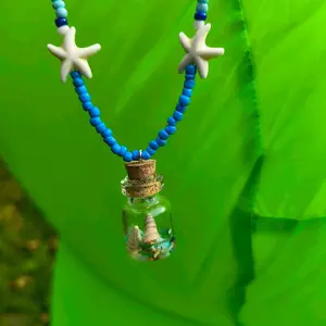 Handmade Lake Themed Necklace with Seashell Pendant and Starfish Beads Blue Beaded Chain