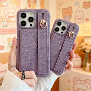 Phone case with wallet card holder, retro solid color with wrist strap phone case, suitable for all ages